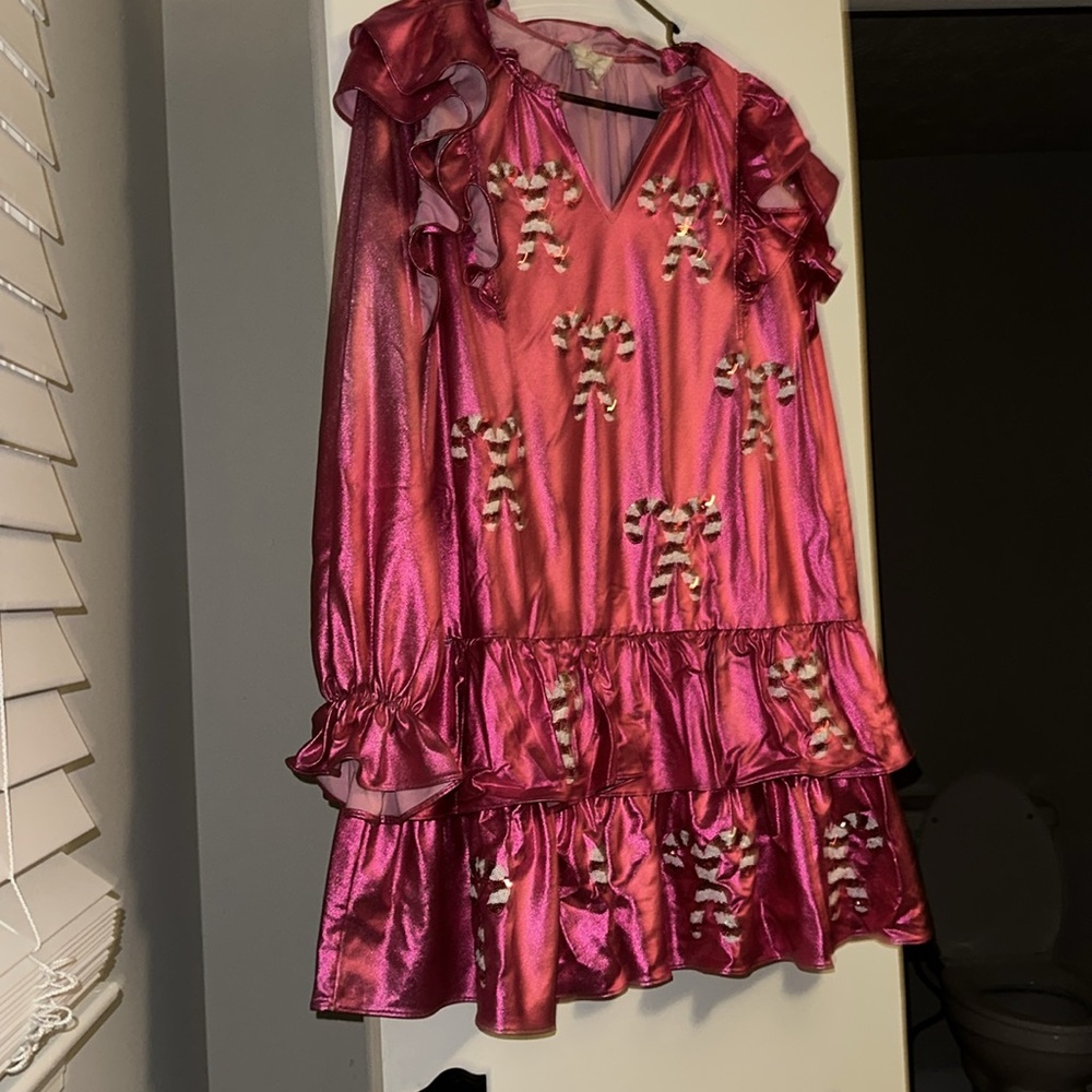 Pink Ruffled Dress with Candy Cane Pattern - Picture 3 of 3